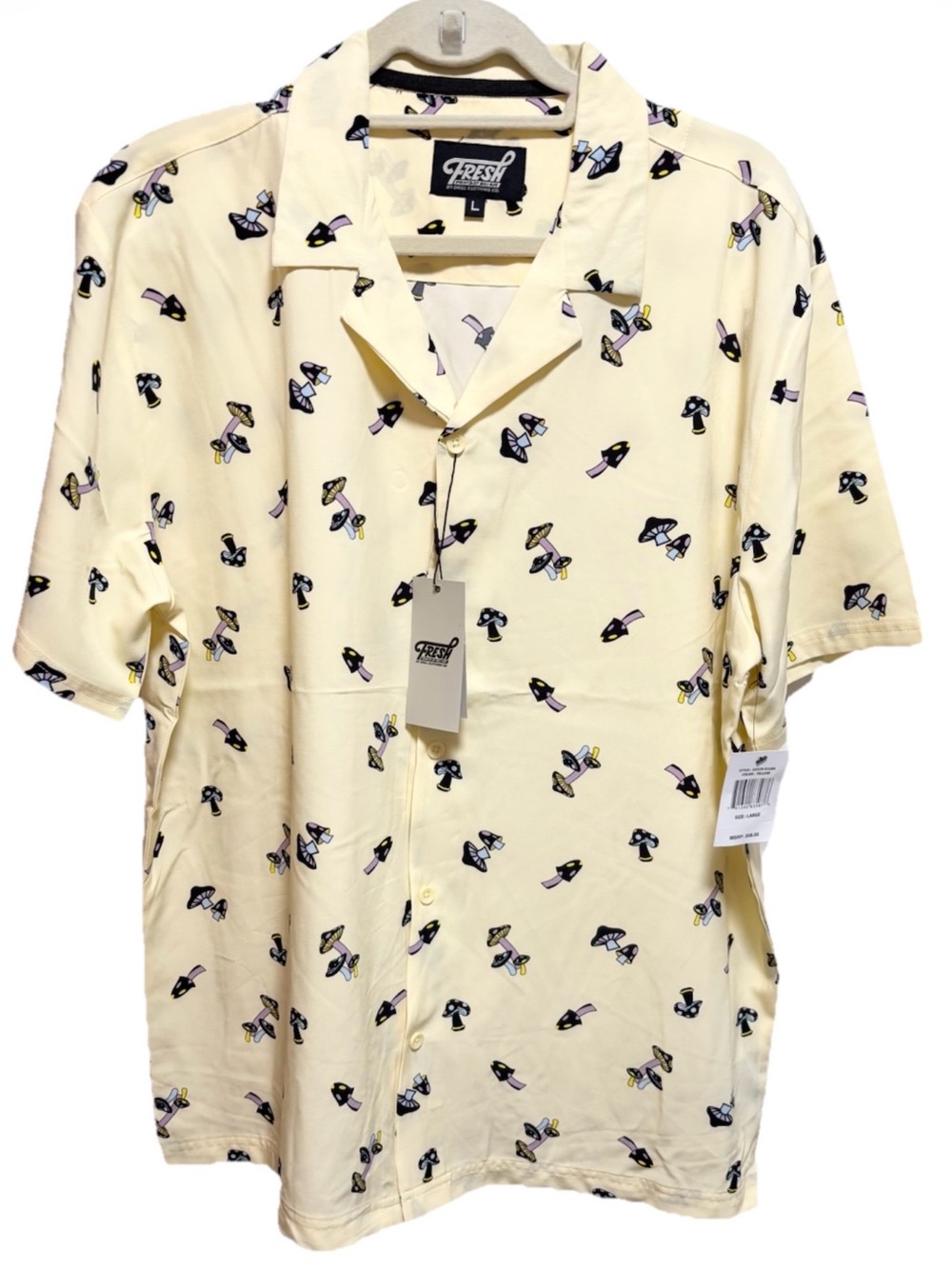 fresh Cream Short-Sleeve Button-Down Shirt with Black & Purple Mushroom Print